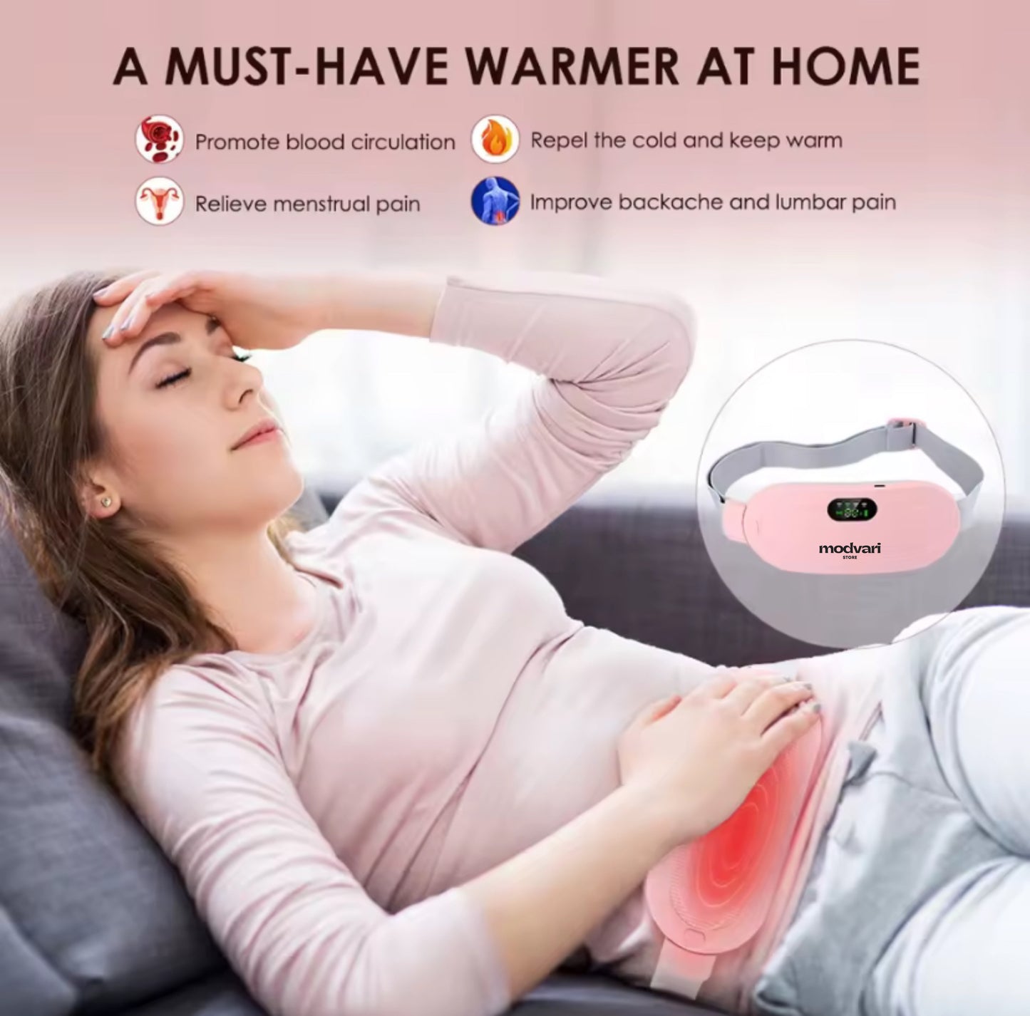 Modvari HeatEase™ Belt — Smart Warming & Massage Relief for Period Comfort